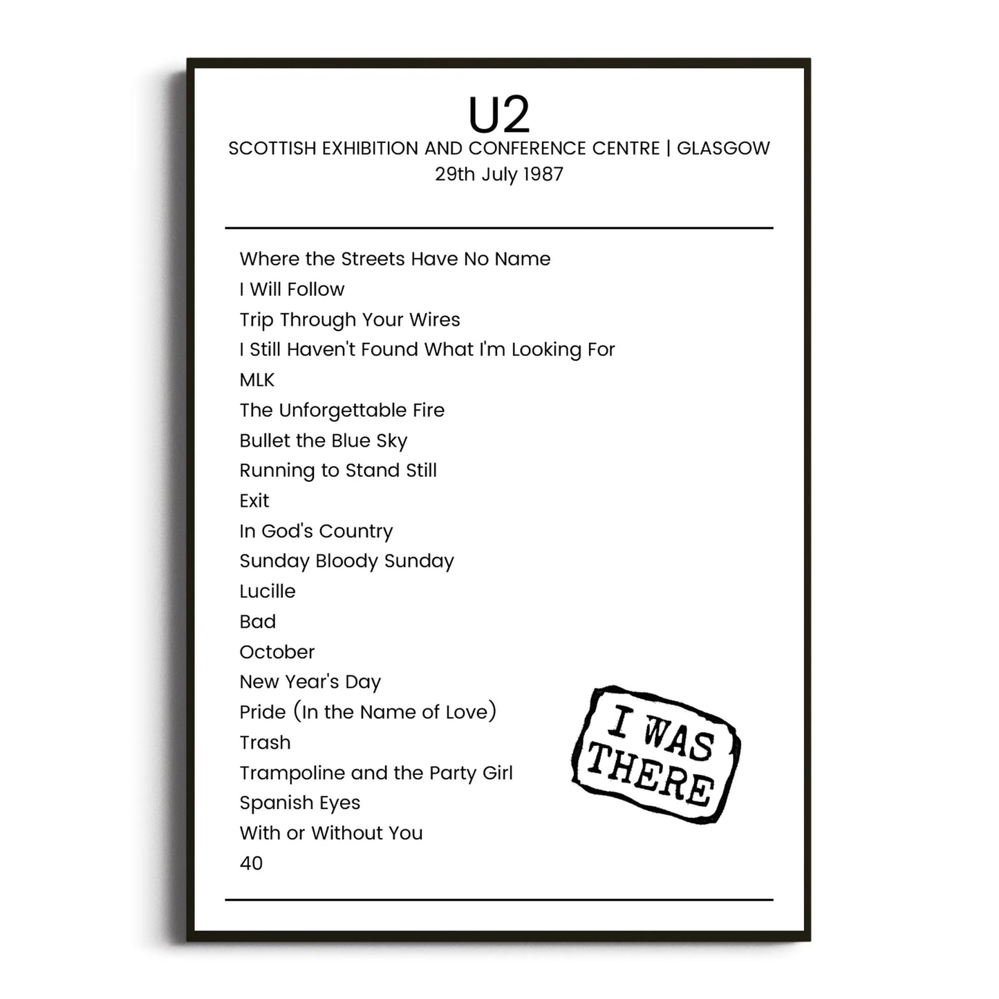 U2 Glasgow 29 July 1987 Setlist Poster