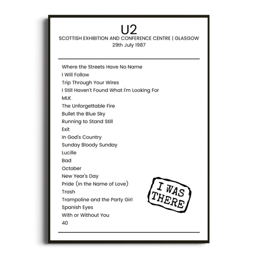 U2 Glasgow 29 July 1987 Setlist Poster