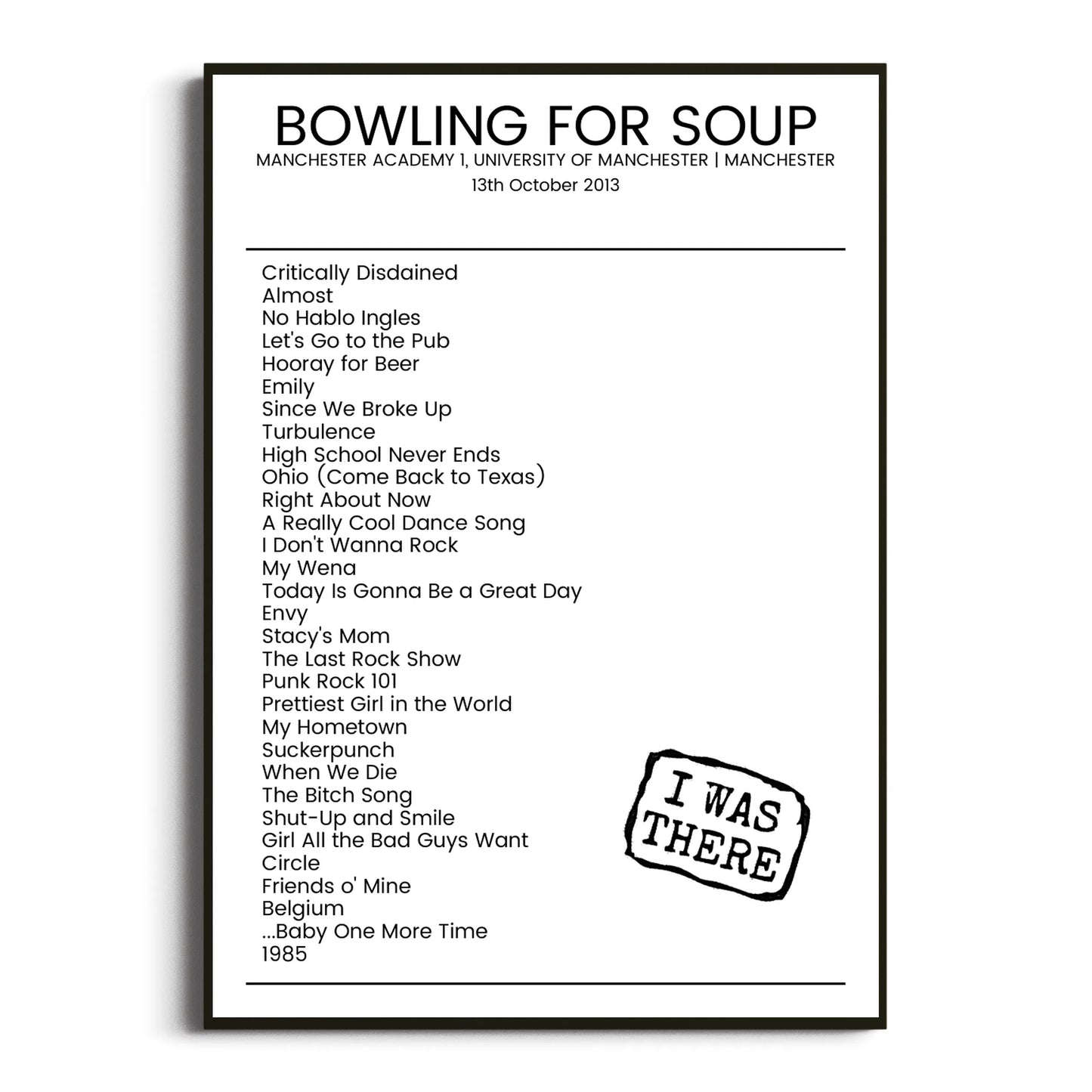 Bowling for Soup Manchester 13 October 2013 Setlist Poster