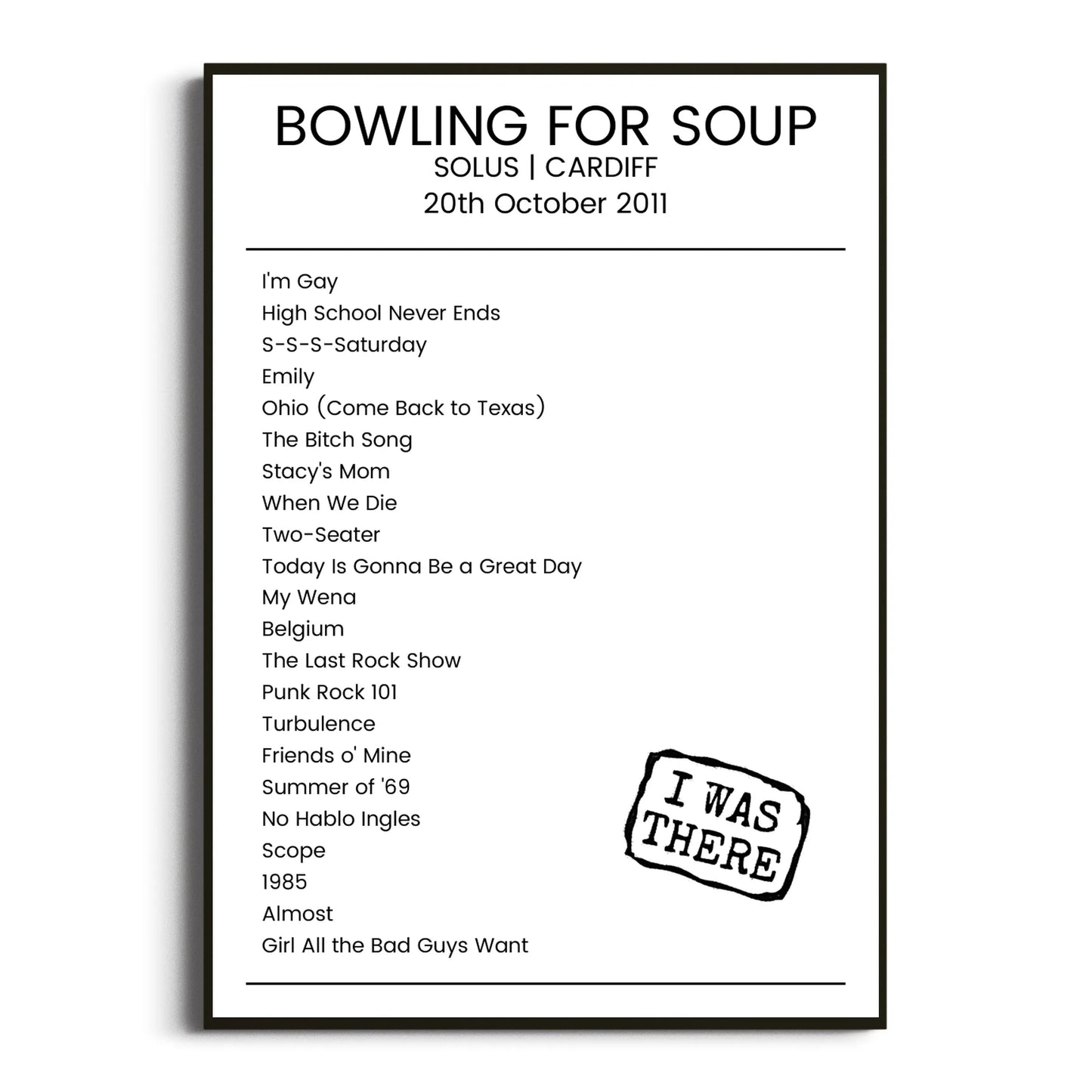 Bowling for Soup Cardiff 20 October 2011 Setlist Poster