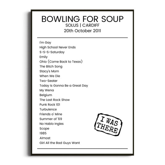 Bowling for Soup Cardiff 20 October 2011 Setlist Poster