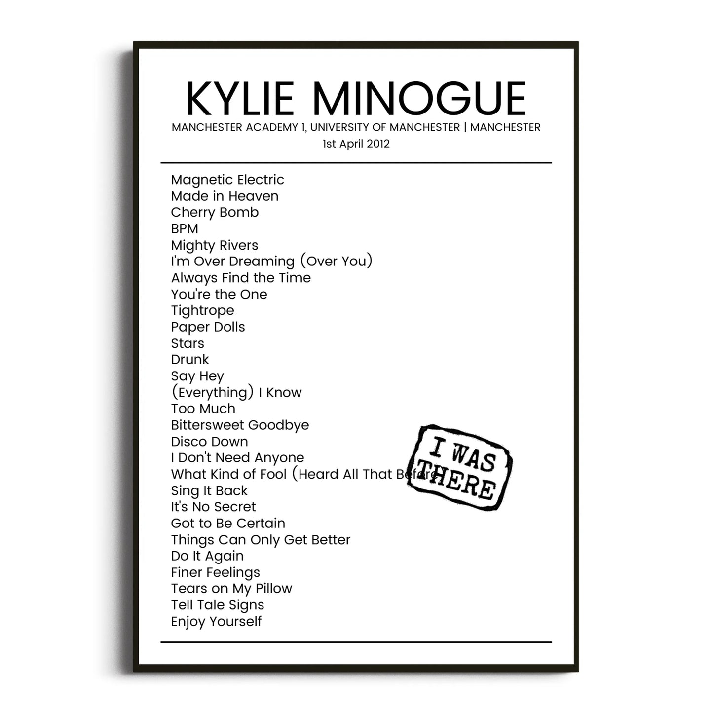 Kylie Minogue Manchester 01 April 2012 Setlist Poster