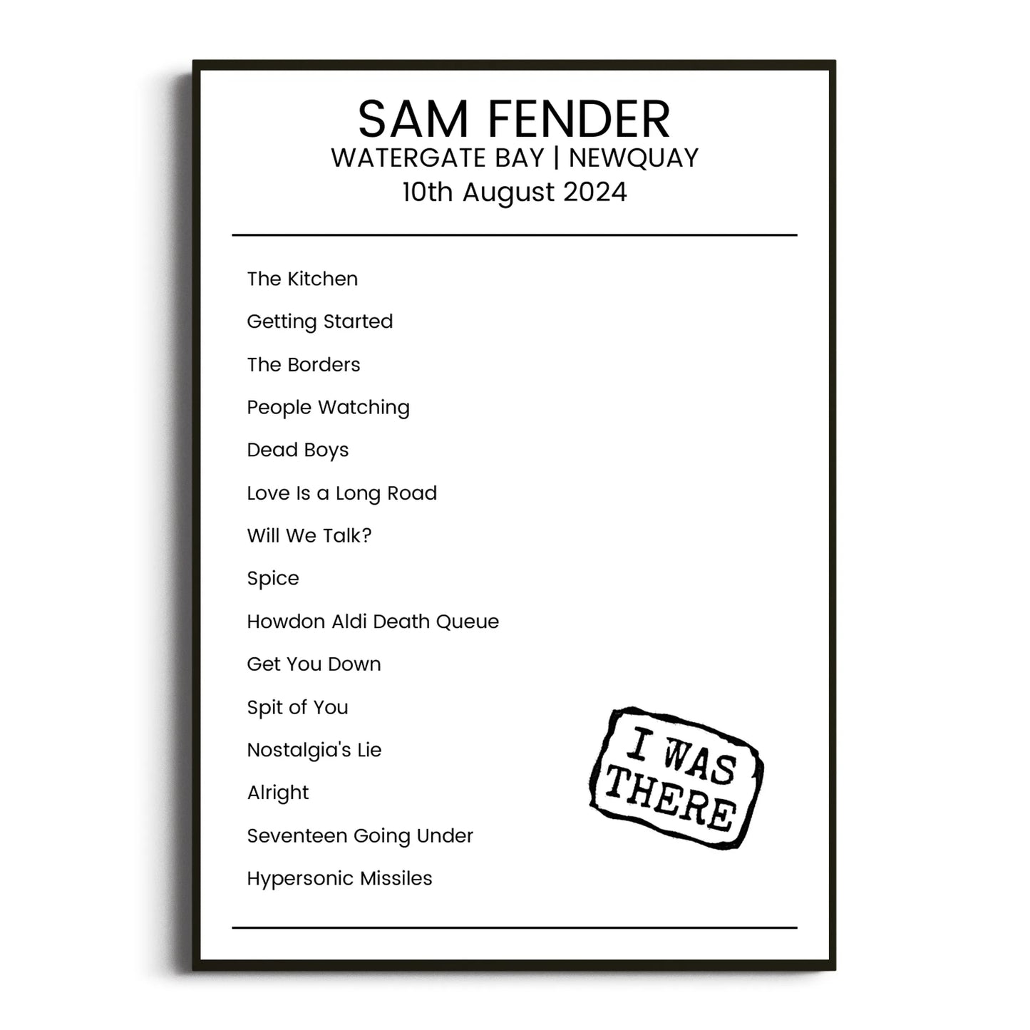 Sam Fender Newquay 10 August 2024 Setlist Poster