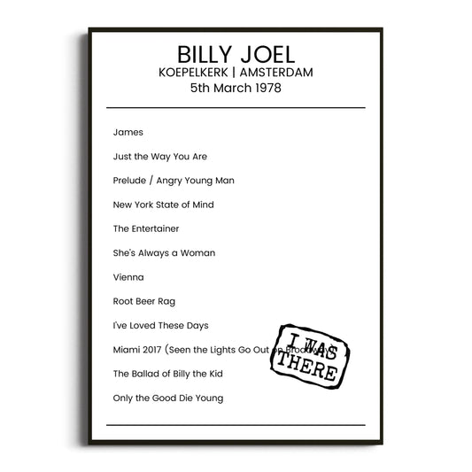 Billy Joel Amsterdam 05 March 1978 Setlist Poster