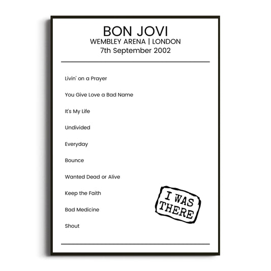 Bon Jovi London 07 September 2002 Setlist Poster