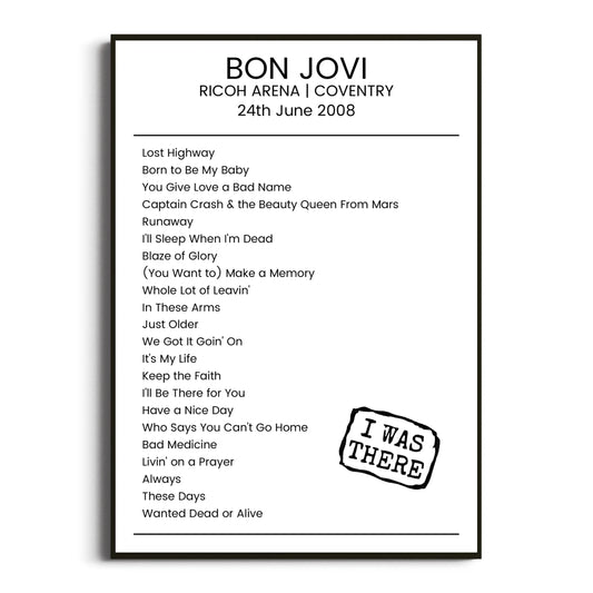 Bon Jovi Coventry 24 June 2008 Setlist Poster