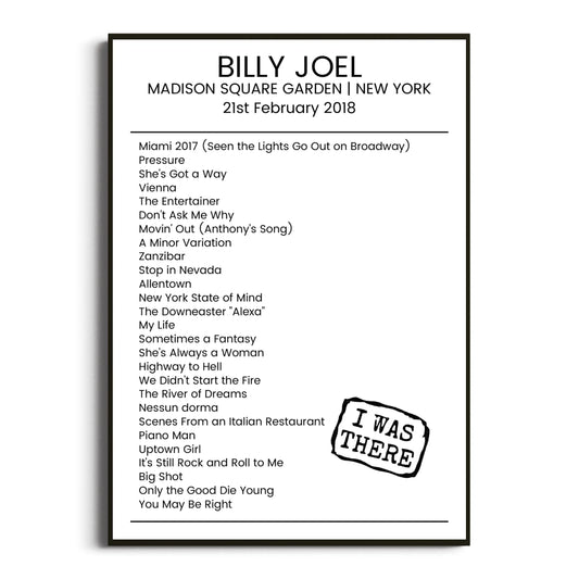 Billy Joel New York 21 February 2018 Setlist Poster