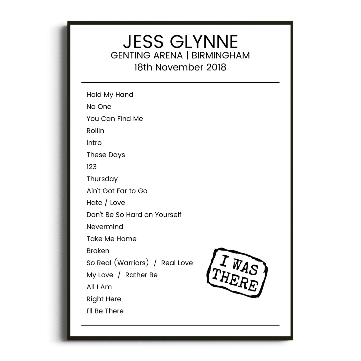 Jess Glynne Birmingham 18 November 2018 Setlist Poster