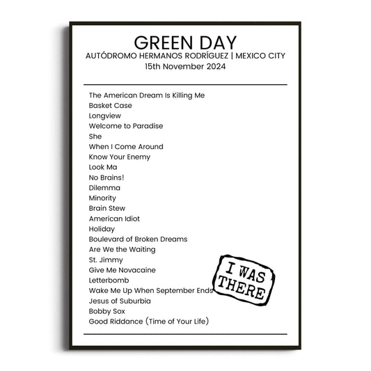 Green Day Mexico City 15 November 2024 Setlist Poster