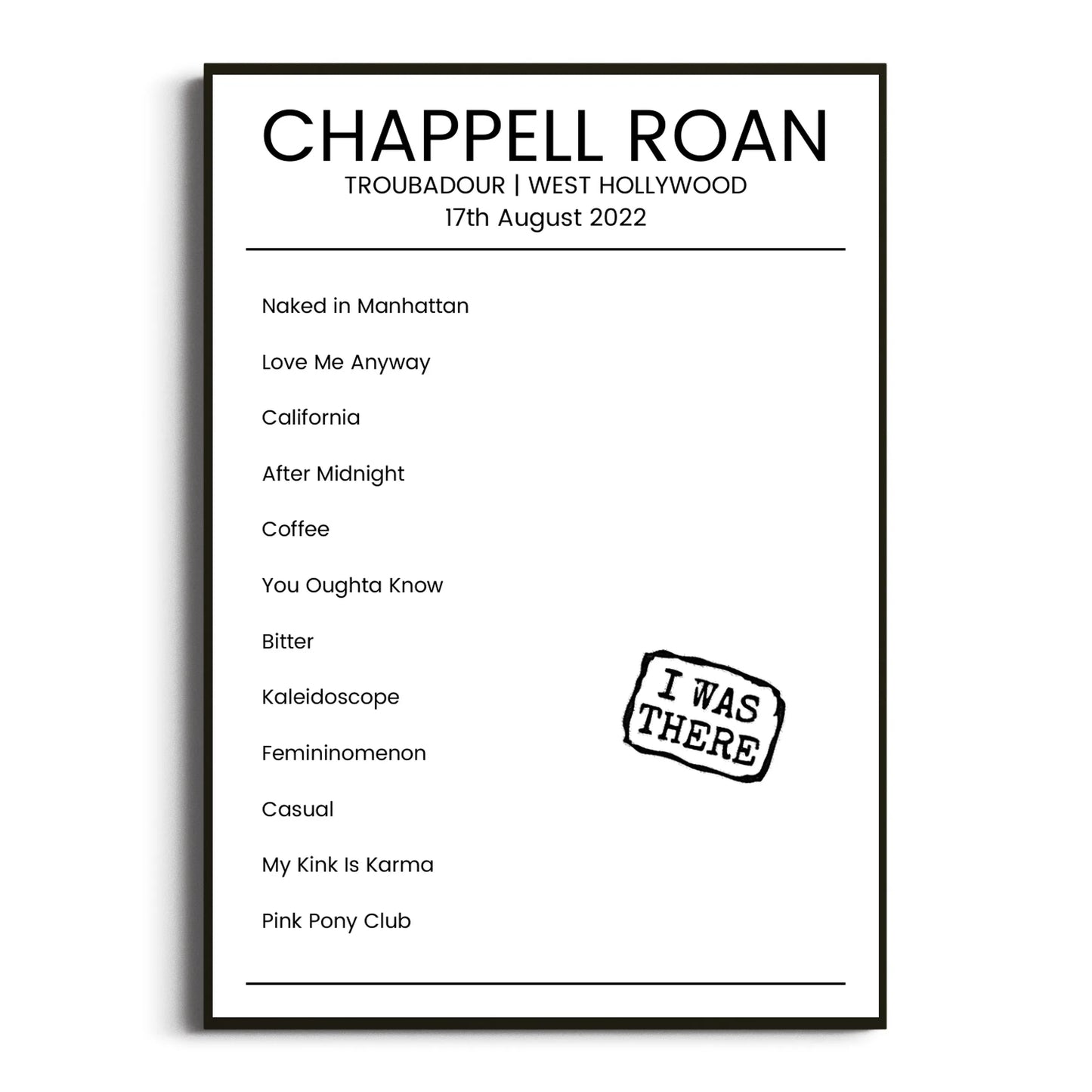 Chappell Roan West Hollywood 17 August 2022 Setlist Poster