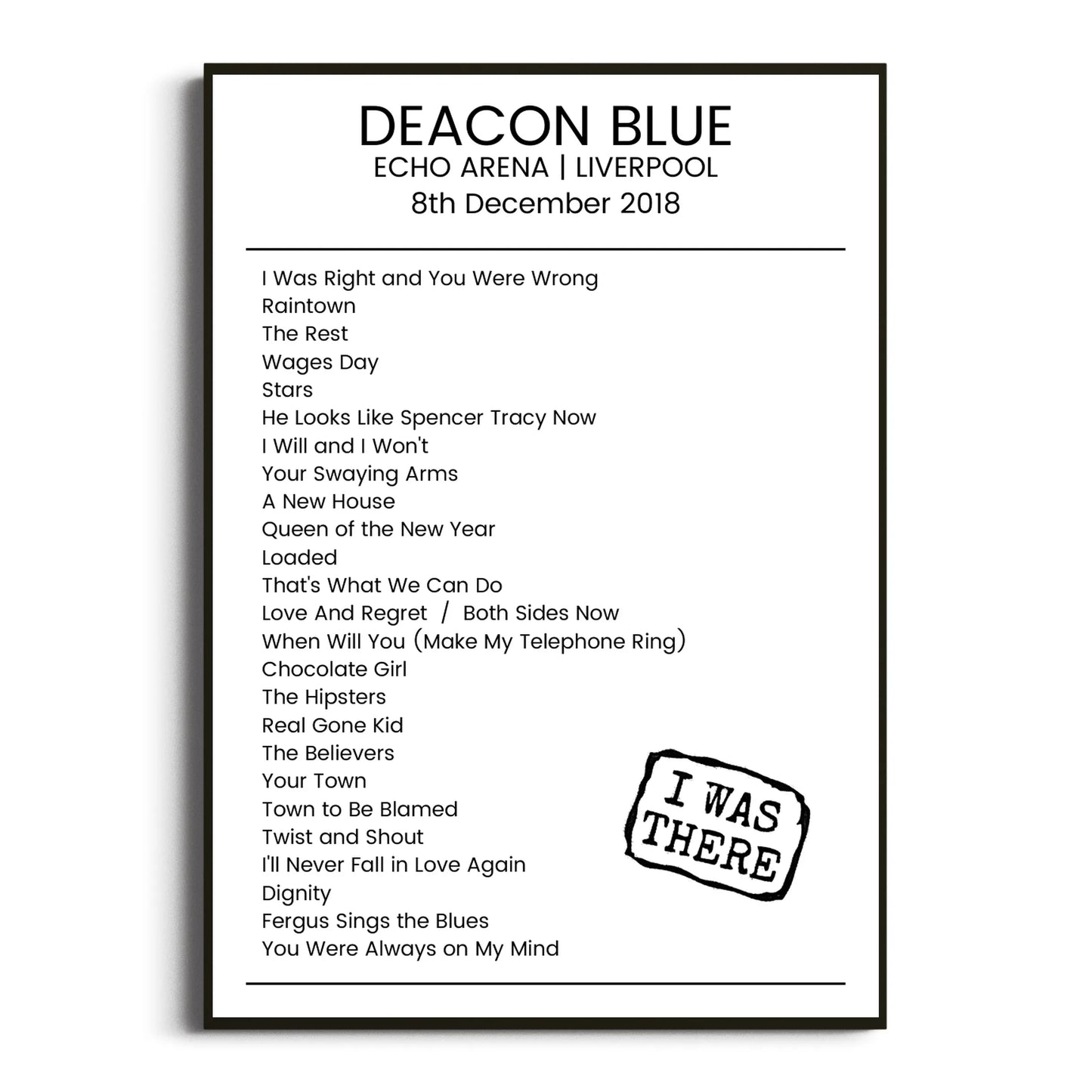 Deacon Blue Liverpool 08 December 2018 Setlist Poster