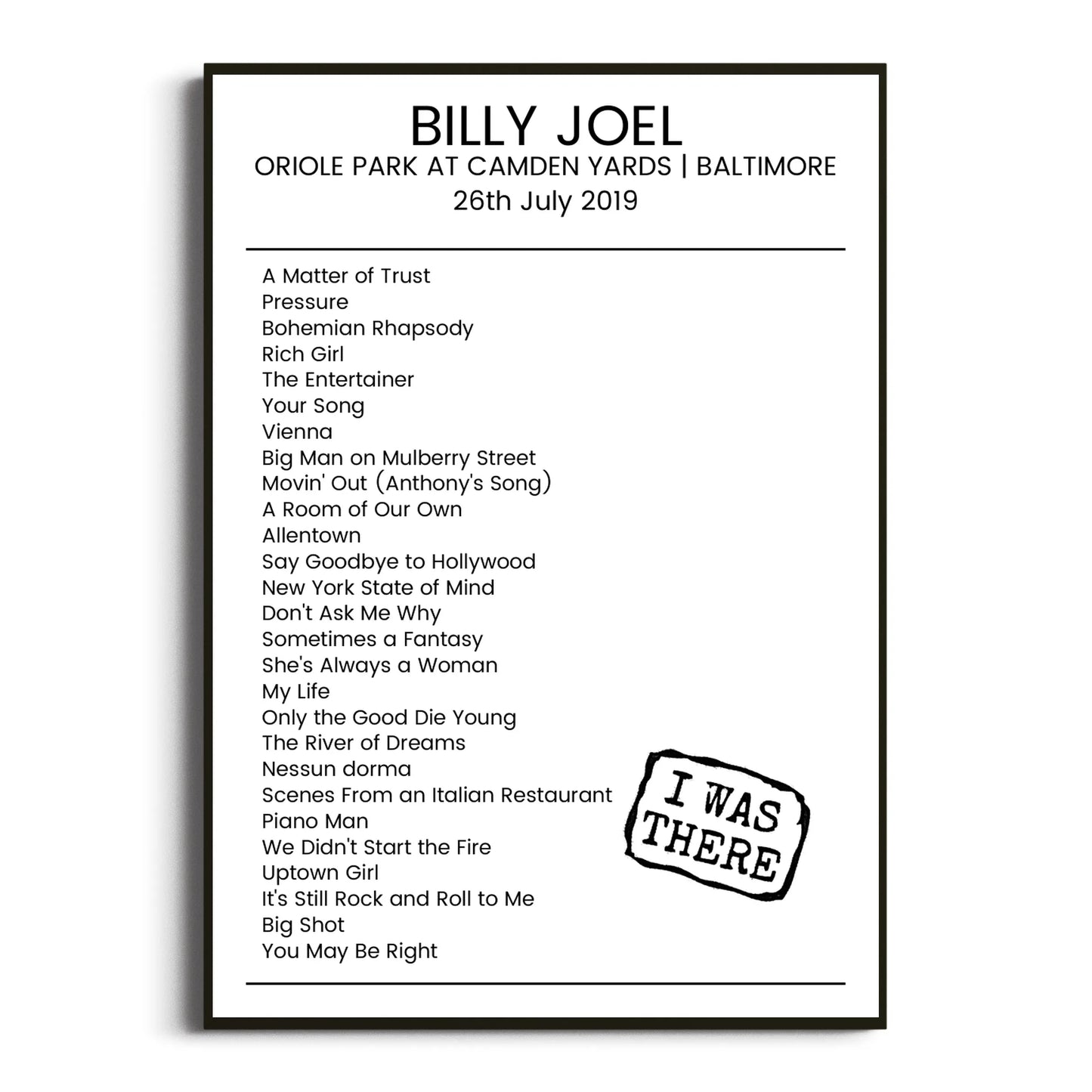 Billy Joel Baltimore 26 July 2019 Setlist Poster