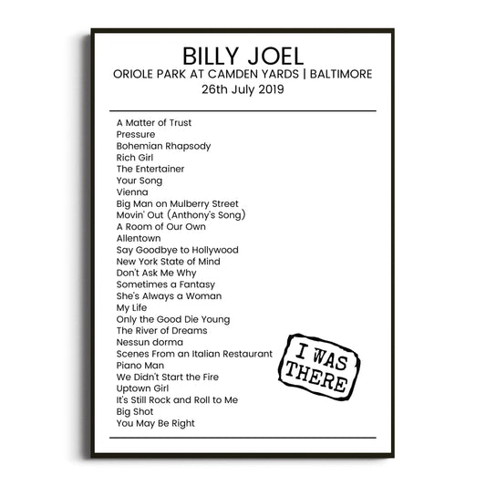 Billy Joel Baltimore 26 July 2019 Setlist Poster