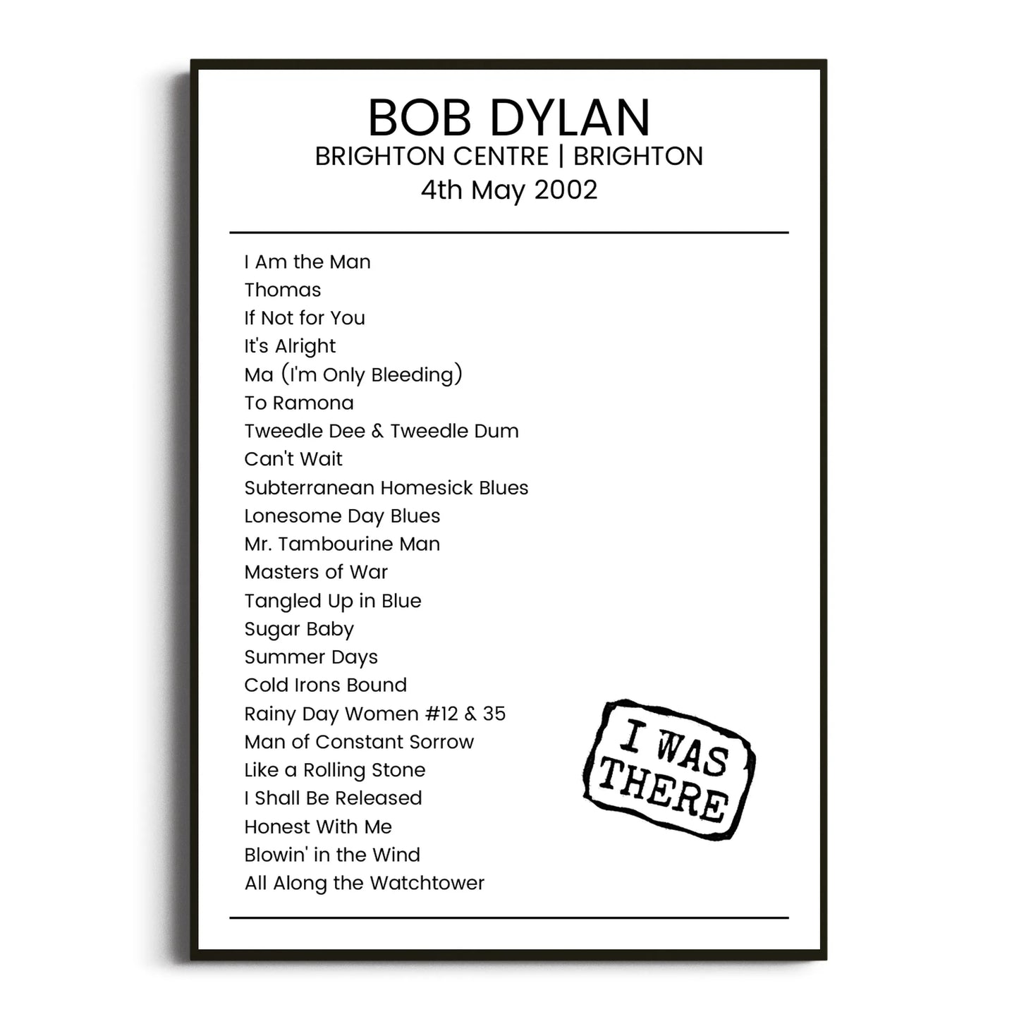 Bob Dylan Brighton 04 May 2002 Setlist Poster