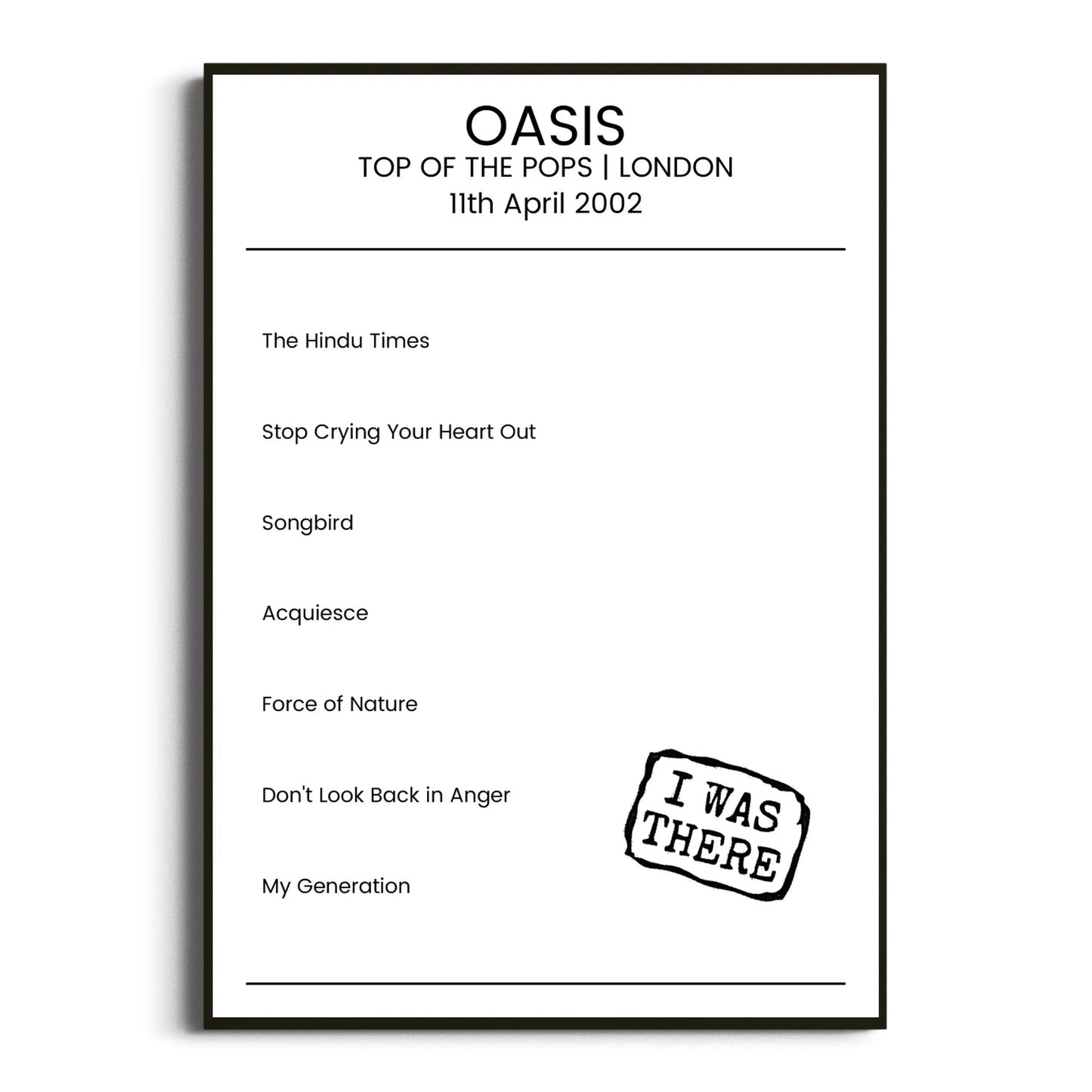 Oasis London 11 April 2002 Setlist Poster