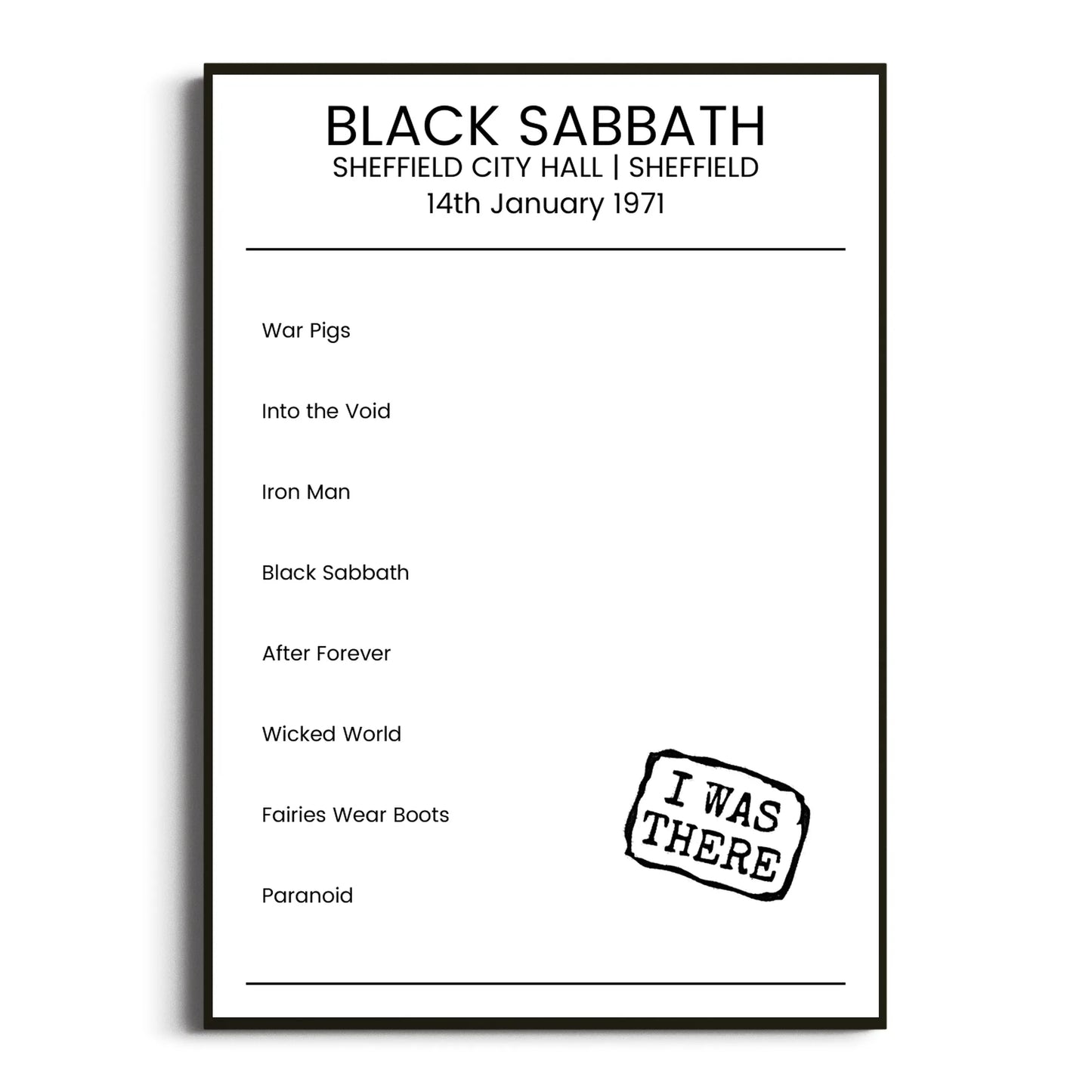 Black Sabbath Sheffield 14 January 1971 Setlist Poster