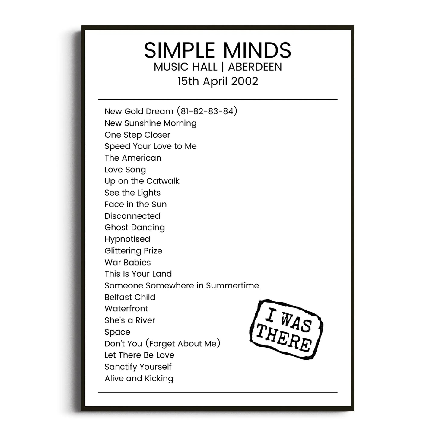 Simple Minds Aberdeen 15 April 2002 Setlist Poster