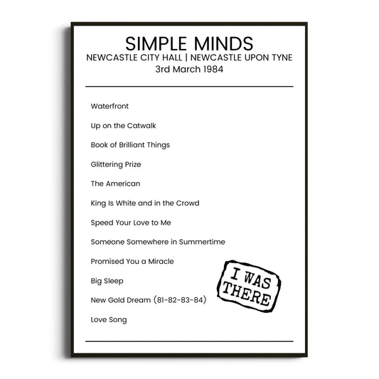 Simple Minds Newcastle upon Tyne 03 March 1984 Setlist Poster