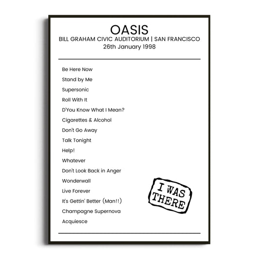 Oasis San Francisco 26 January 1998 Setlist Poster