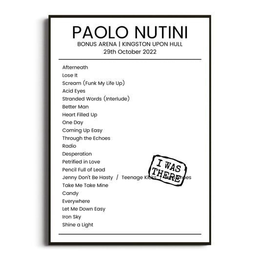 Paolo Nutini Kingston upon Hull 29 October 2022 Setlist Poster