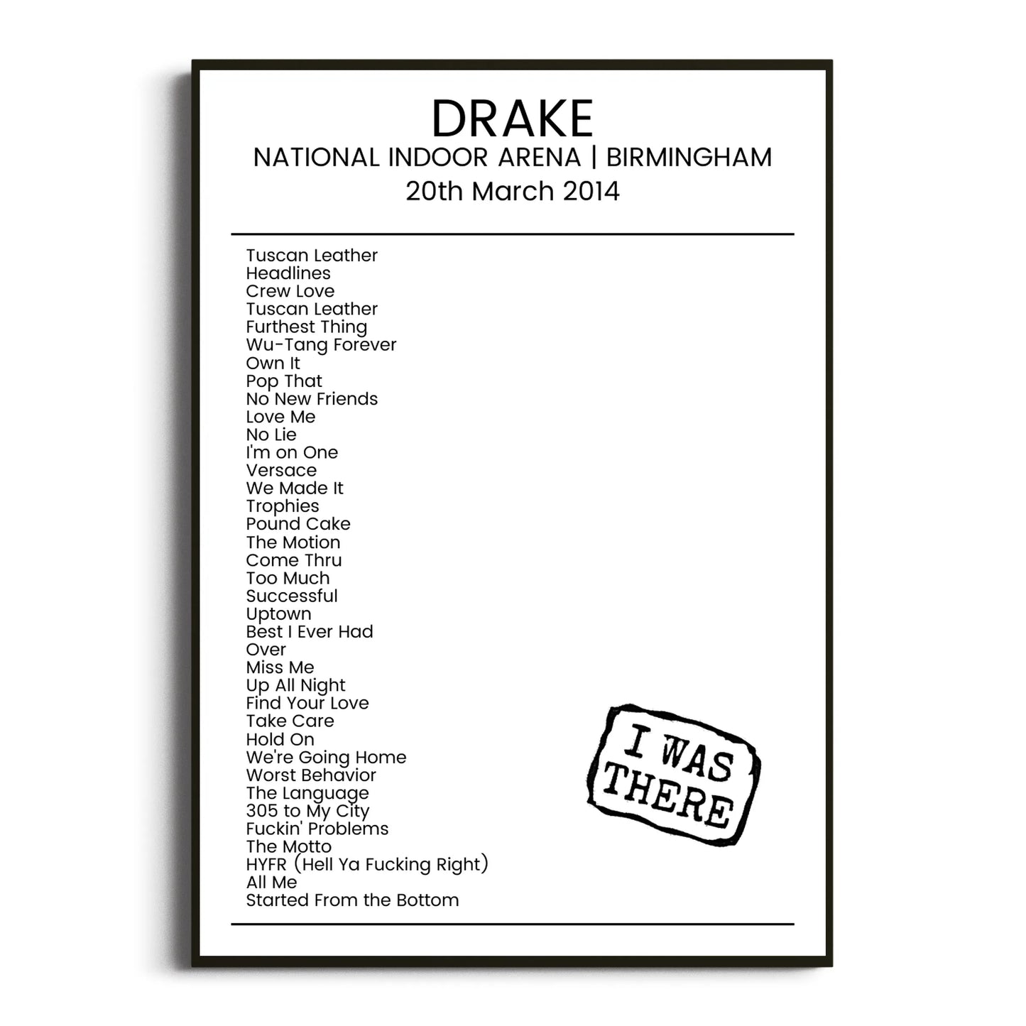 Drake Birmingham 20 March 2014 Setlist Poster