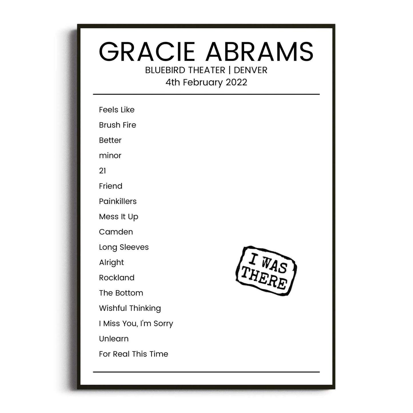 Gracie Abrams Denver 04 February 2022 Setlist Poster