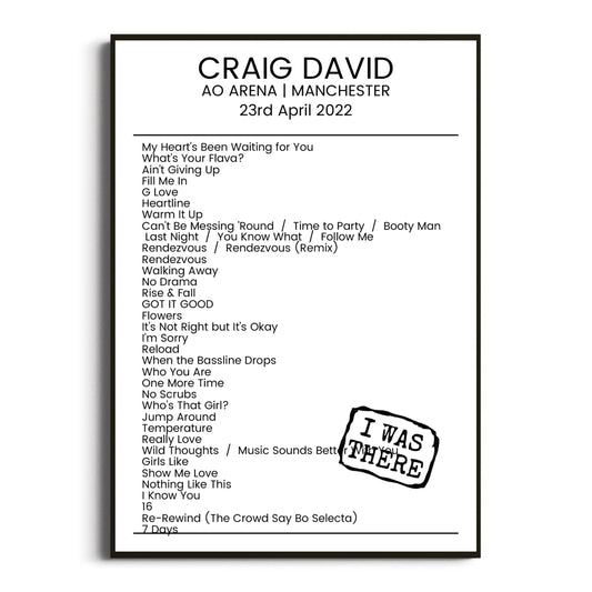 Craig David Manchester 23 April 2022 Setlist Poster