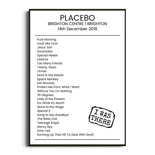 Placebo Brighton 14 December 2016 Setlist Poster