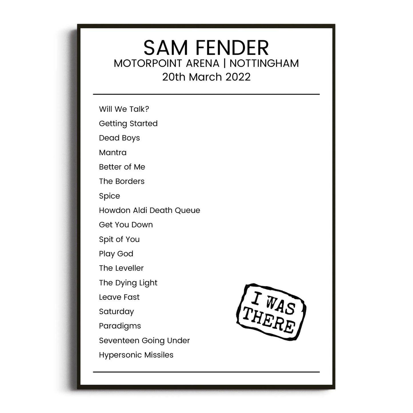 Sam Fender Nottingham 20 March 2022 Setlist Poster