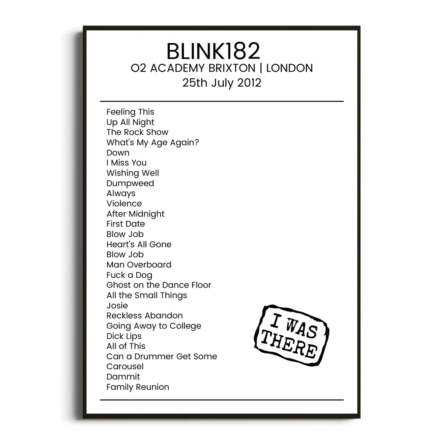 blink‐182 London 25 July 2012 Setlist Poster