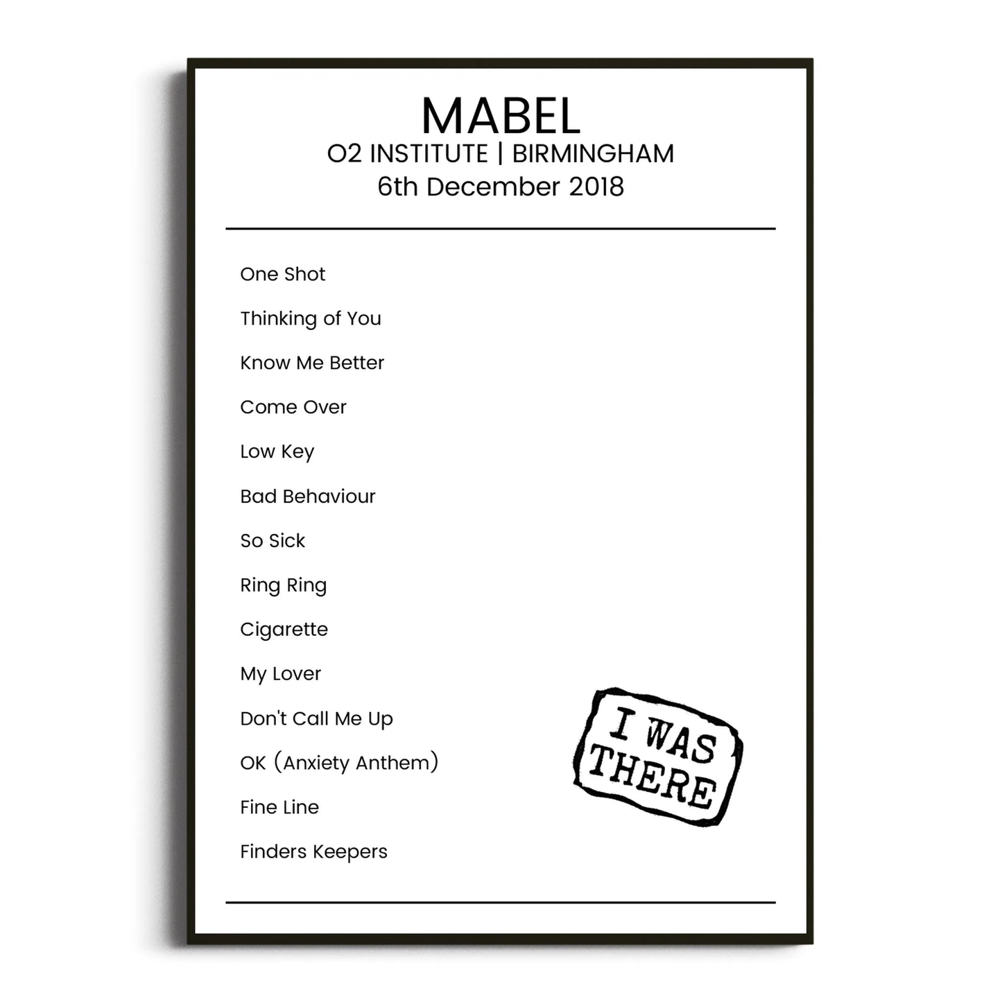 Mabel Birmingham 06 December 2018 Setlist Poster