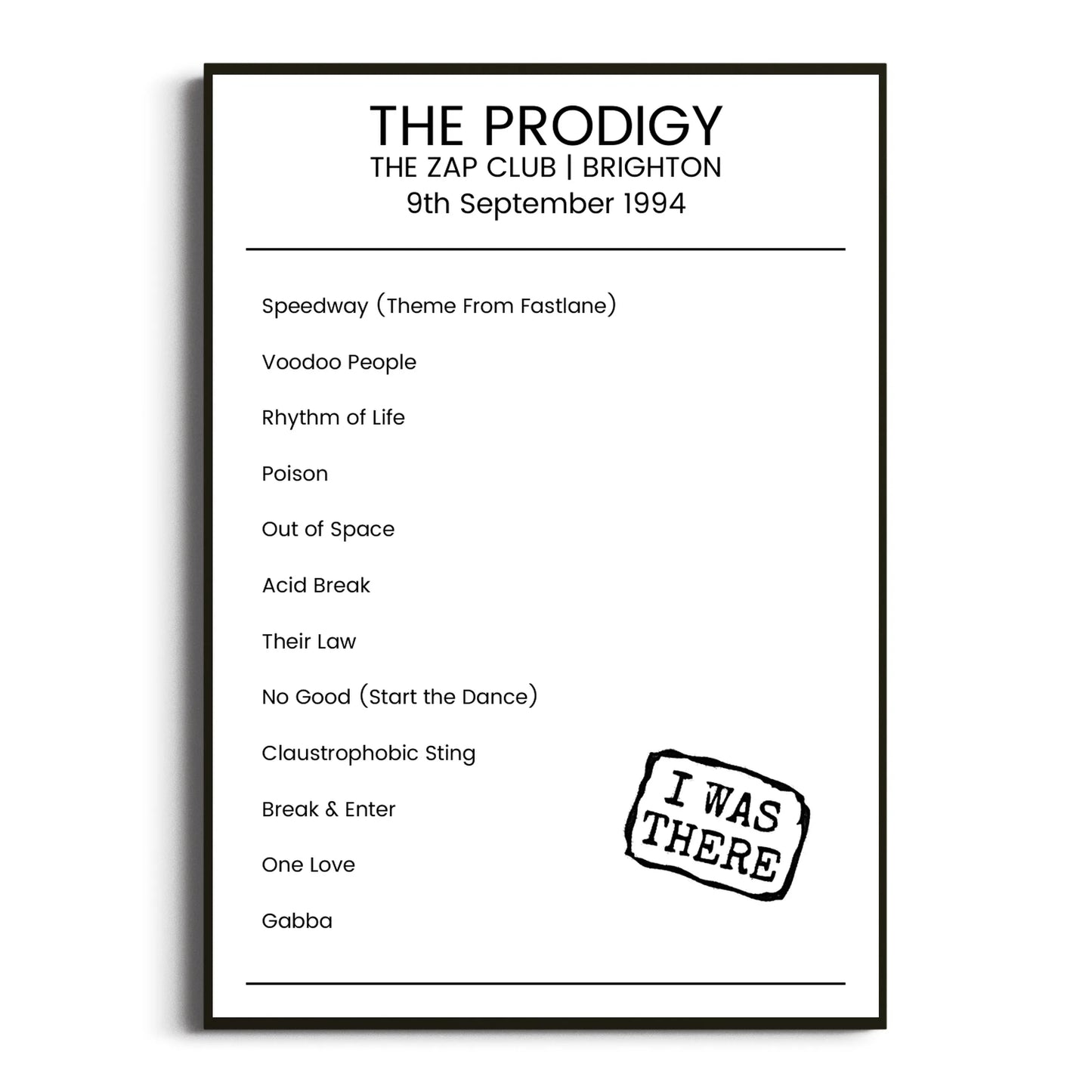 The Prodigy Brighton 09 September 1994 Setlist Poster