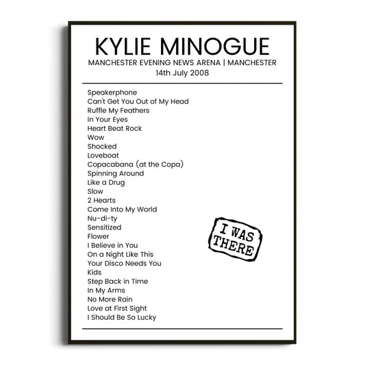 Kylie Minogue Manchester 14 July 2008 Setlist Poster