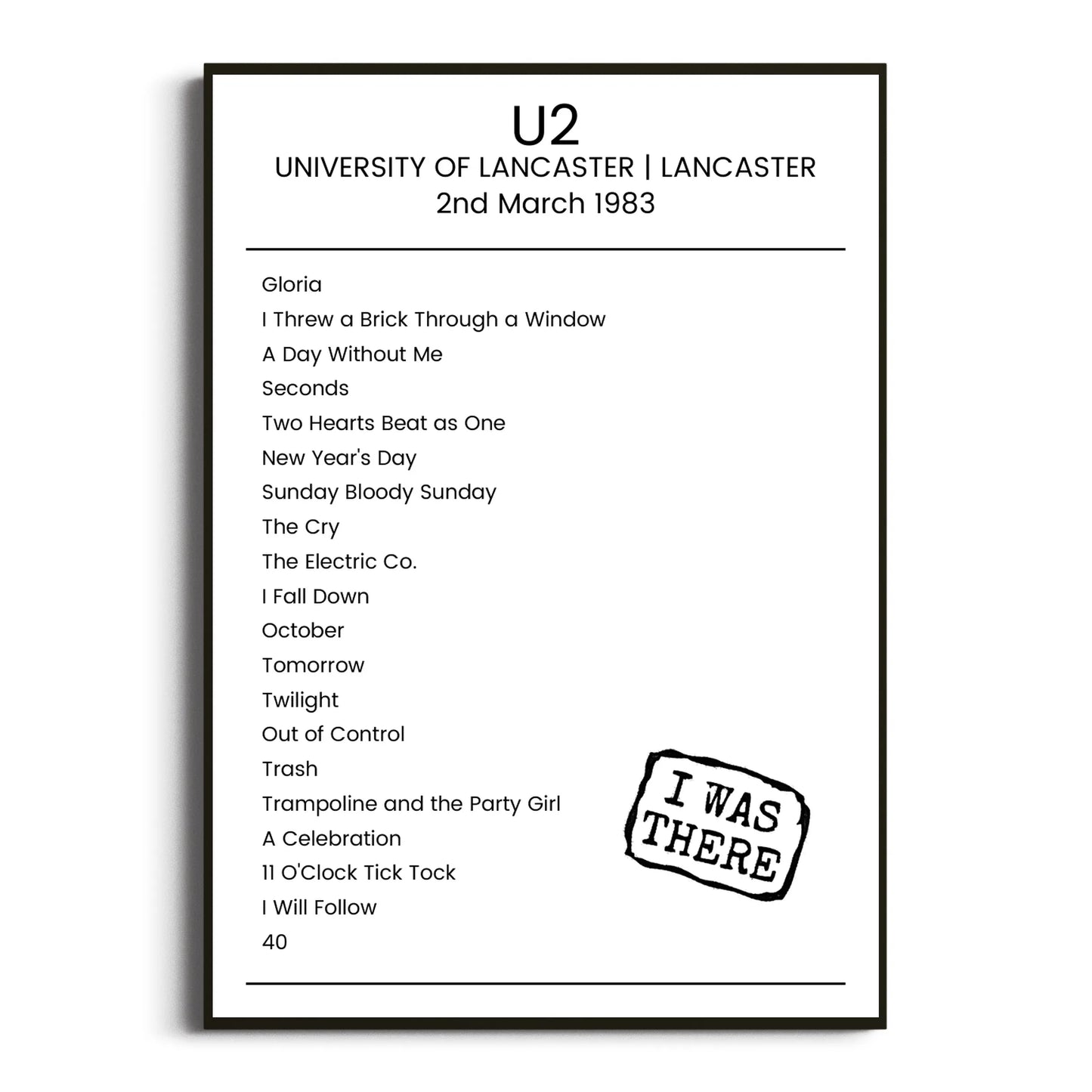 U2 Lancaster 02 March 1983 Setlist Poster