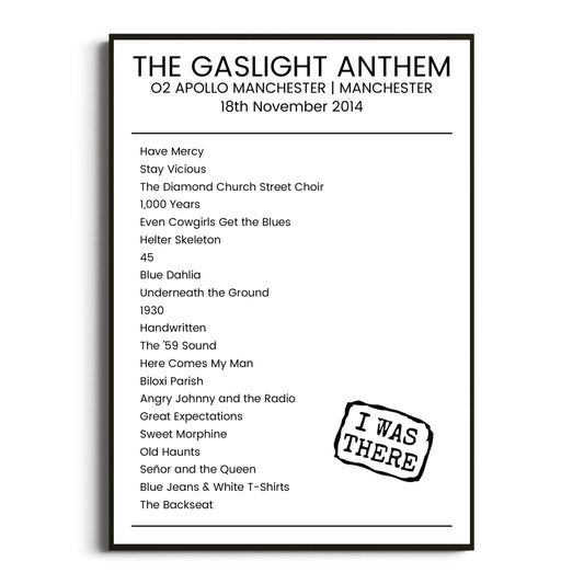 The Gaslight Anthem Manchester 18 November 2014 Setlist Poster