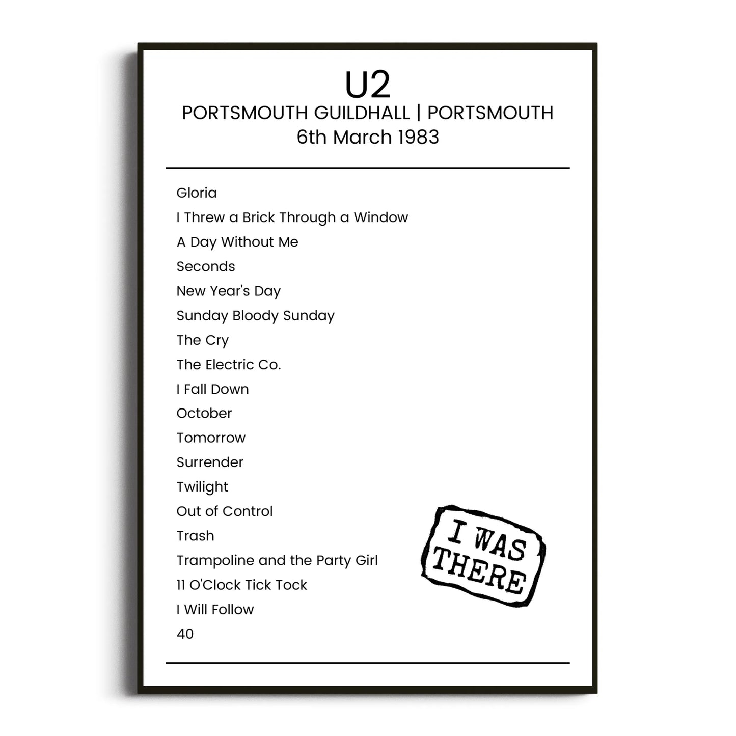 U2 Portsmouth 06 March 1983 Setlist Poster