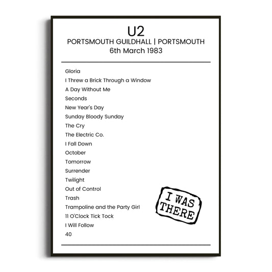 U2 Portsmouth 06 March 1983 Setlist Poster