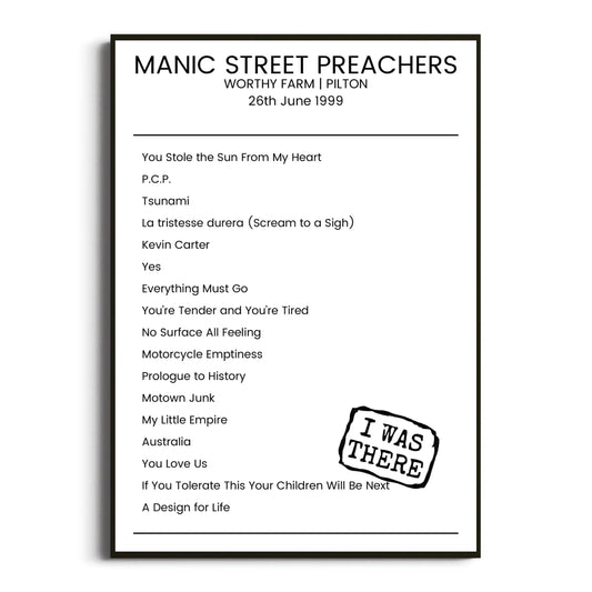 Manic Street Preachers Pilton 26 June 1999 Setlist Poster