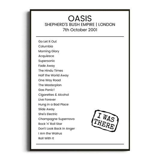 Oasis London 07 October 2001 Setlist Poster