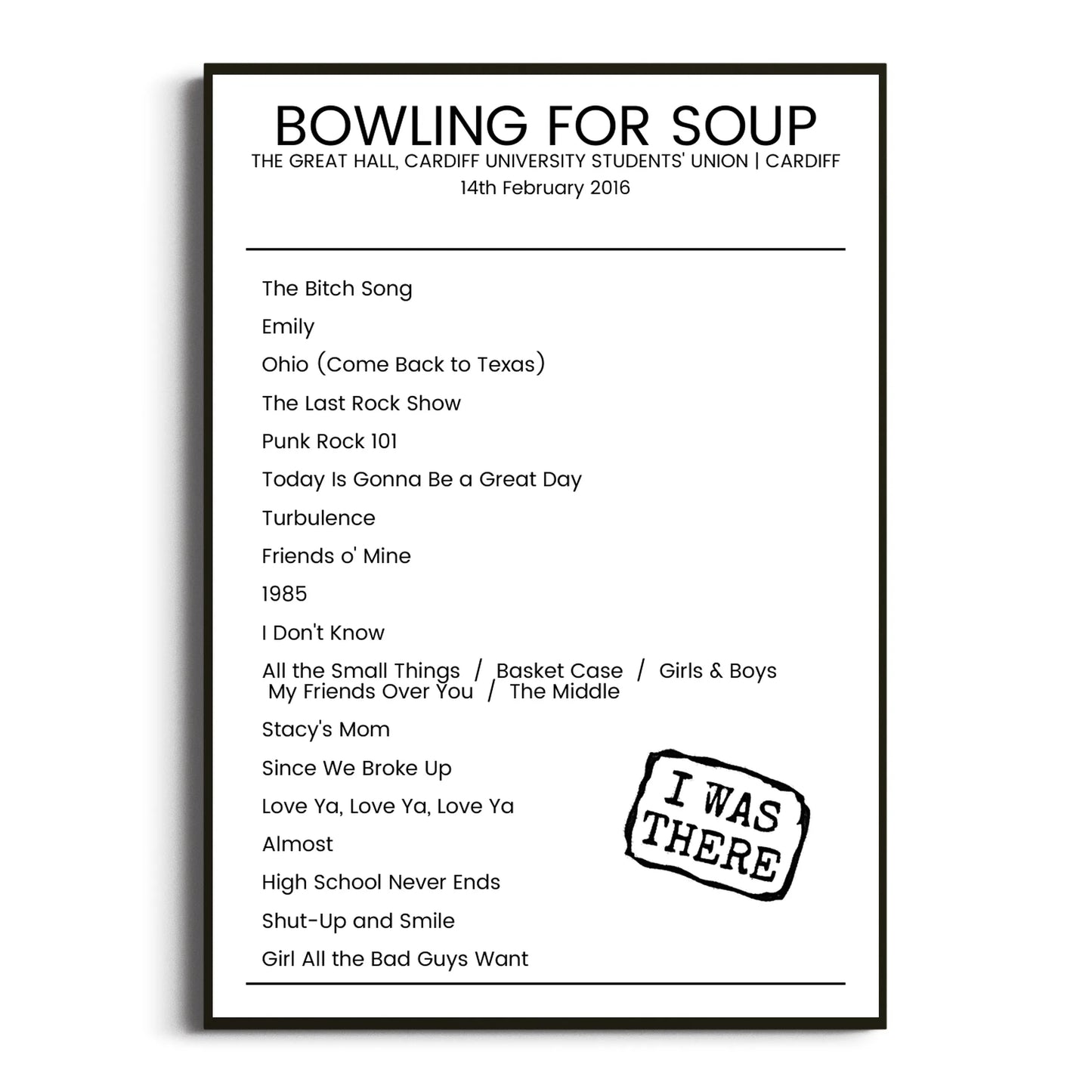 Bowling for Soup Cardiff 14 February 2016 Setlist Poster