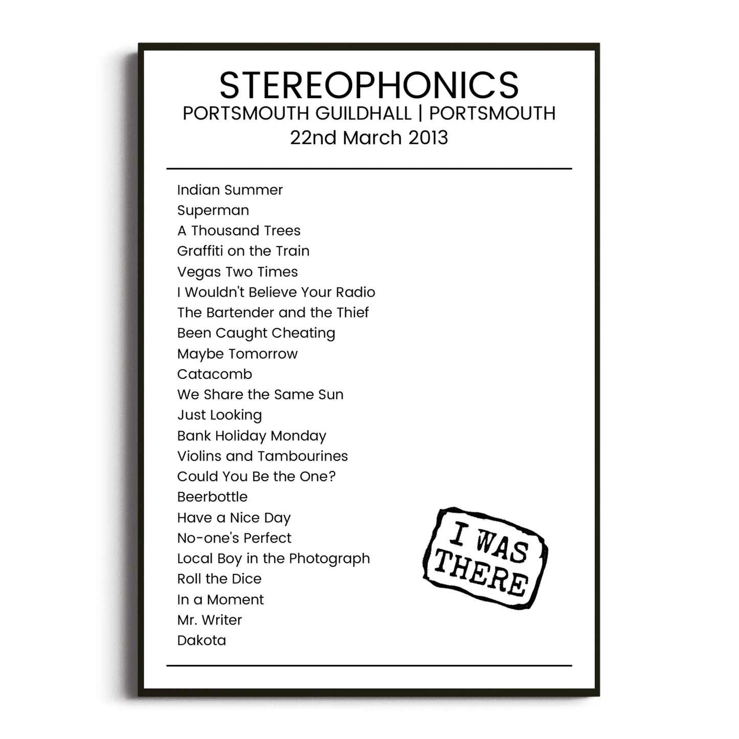 Stereophonics Portsmouth 22 March 2013 Setlist Poster