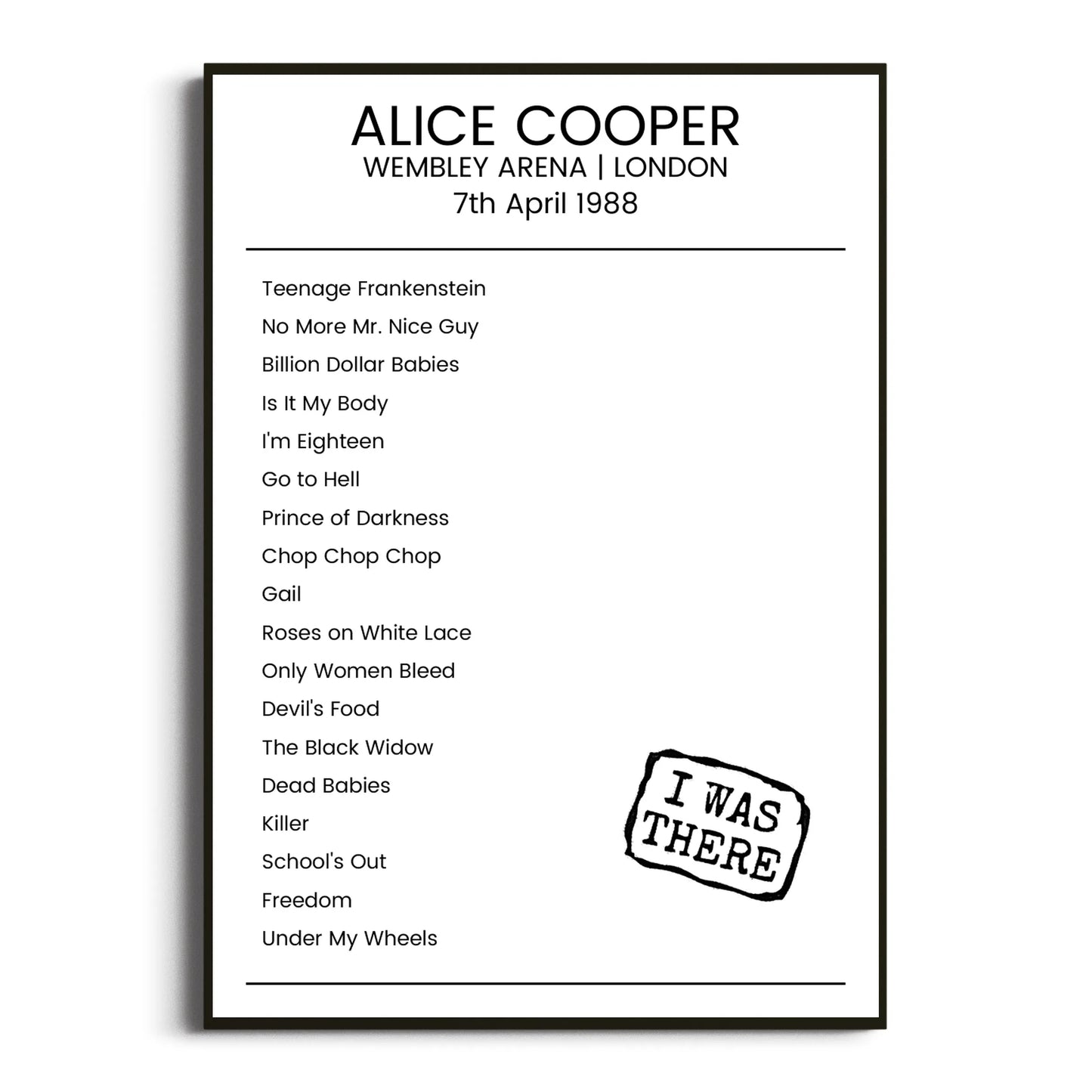 Alice Cooper London 07 April 1988 Setlist Poster