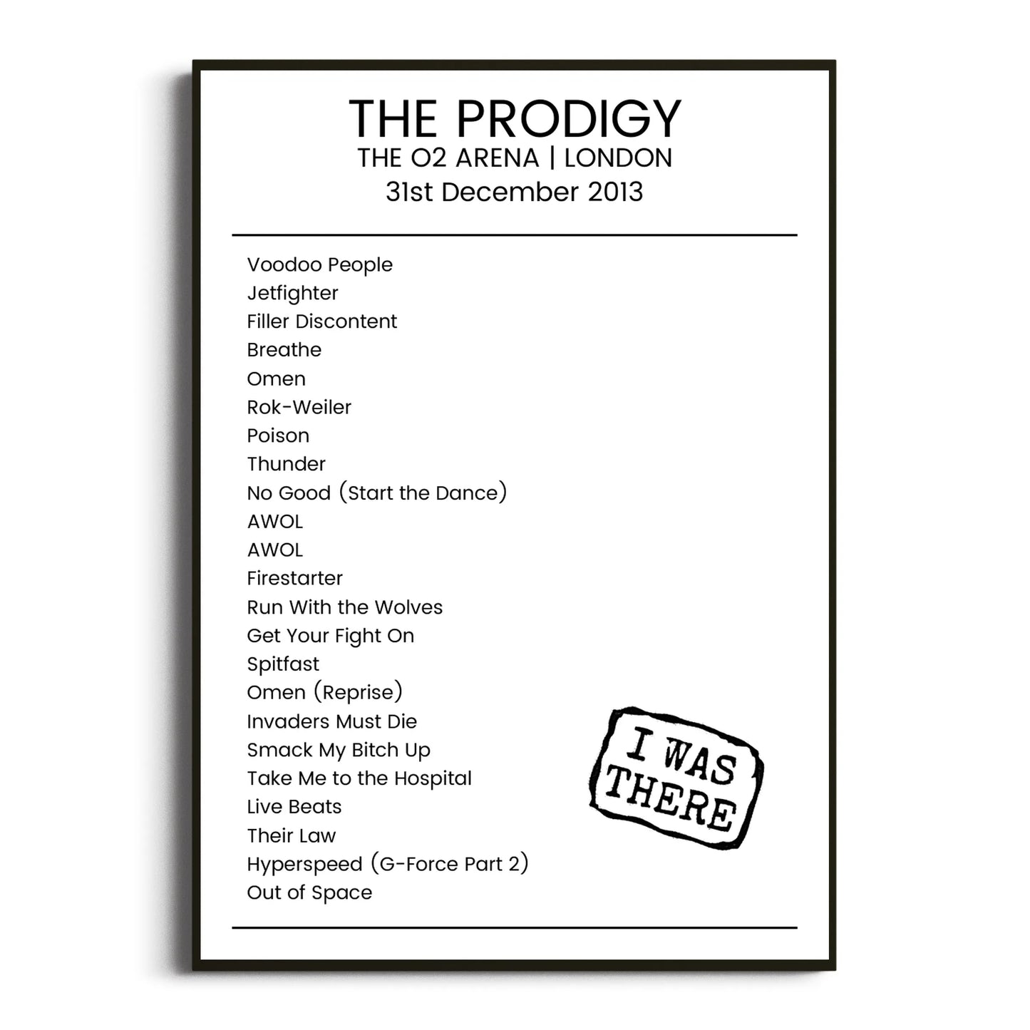 The Prodigy London 31 December 2013 Setlist Poster