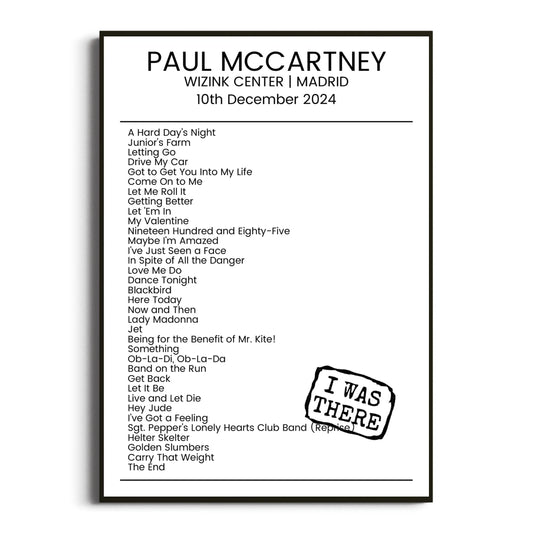 Paul McCartney Madrid 10 December 2024 Setlist Poster