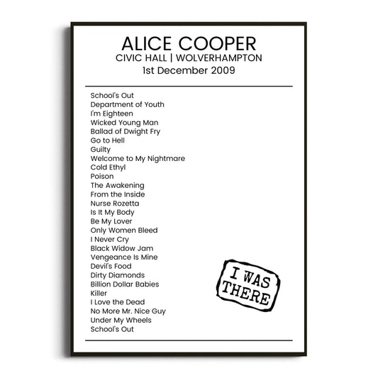 Alice Cooper Wolverhampton 01 December 2009 Setlist Poster