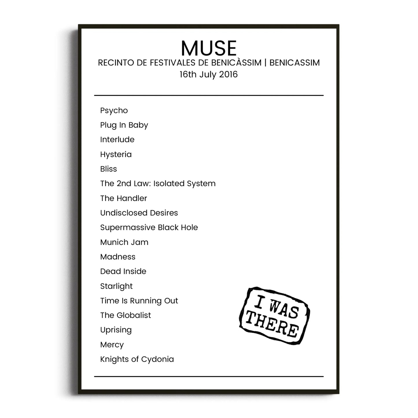 Muse Benicassim 16 July 2016 Setlist Poster