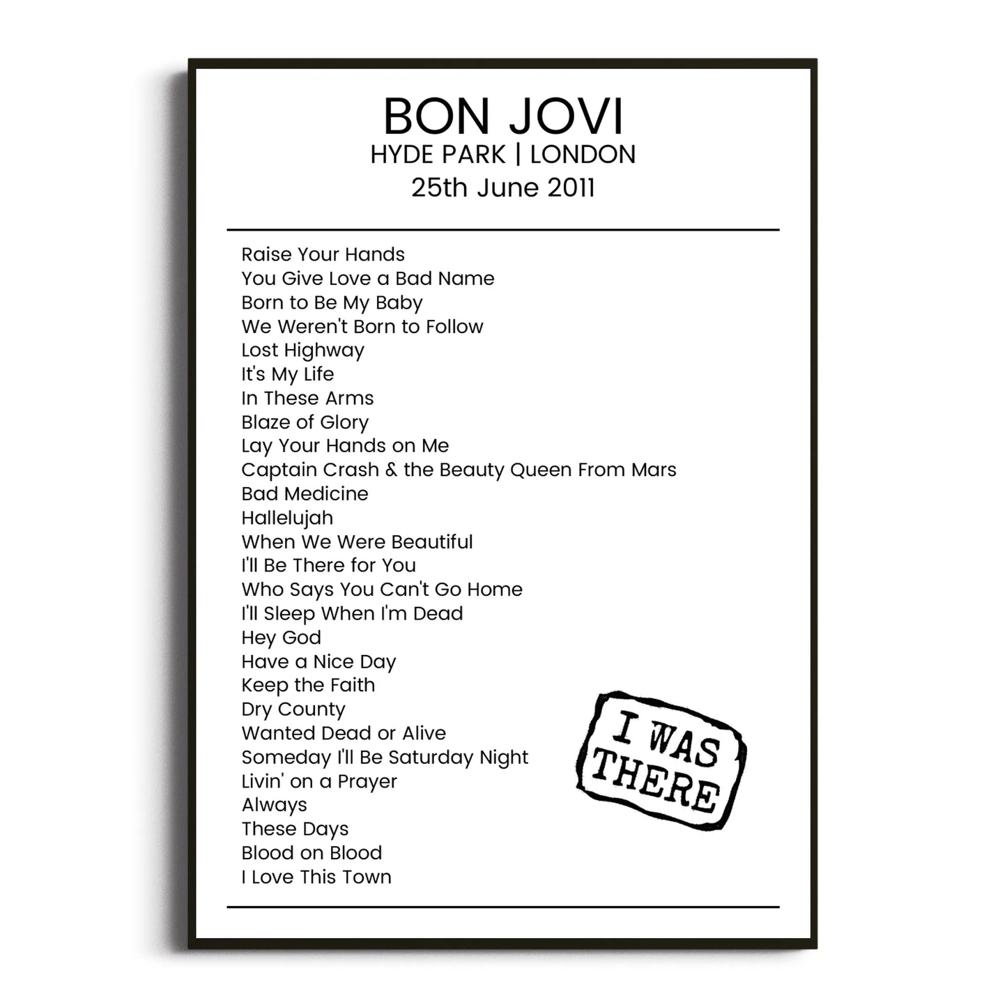 Bon Jovi London 25 June 2011 Setlist Poster