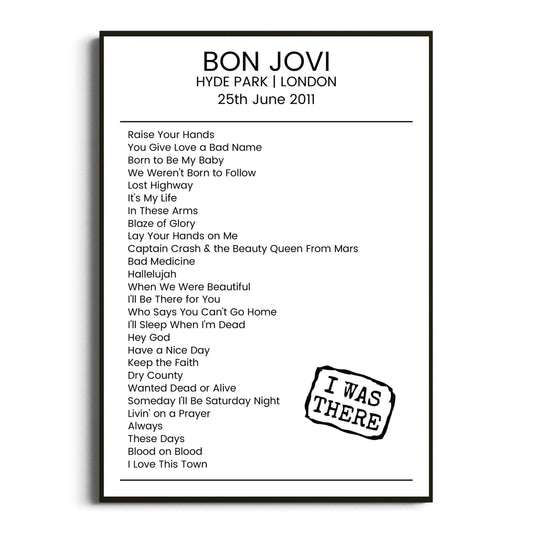 Bon Jovi London 25 June 2011 Setlist Poster