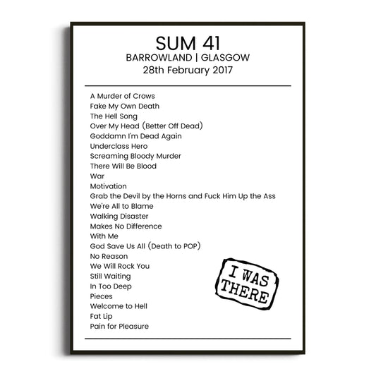 Sum 41 Glasgow 28 February 2017 Setlist Poster