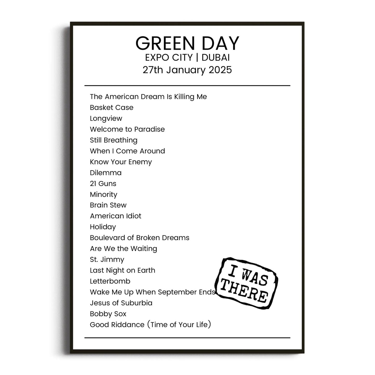 Green Day Dubai 27 January 2025 Setlist Poster